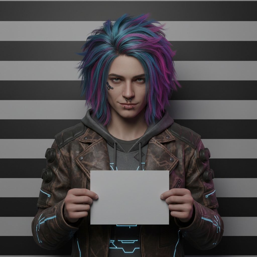 Cyberpunk hacker mugshot